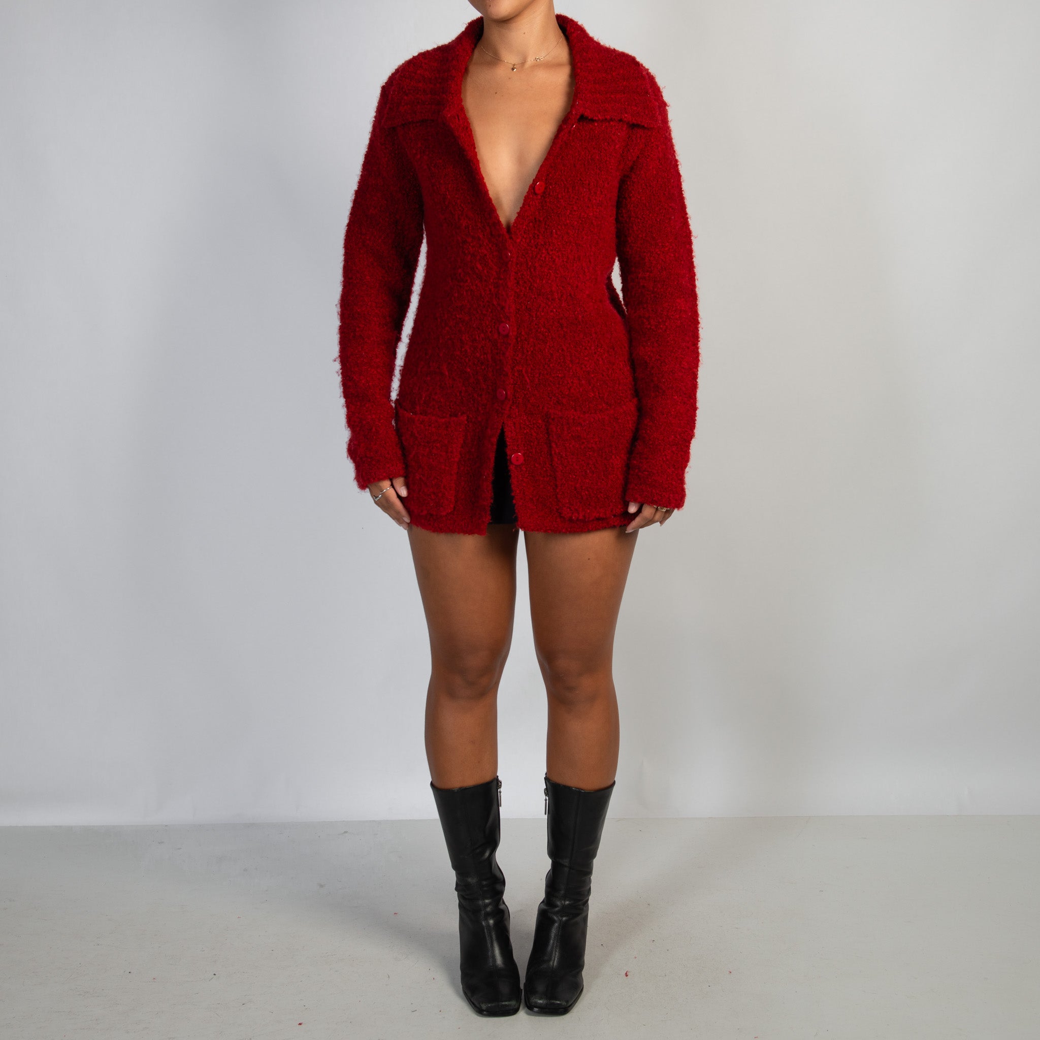 RED FUZZY KNIT CARDIGAN