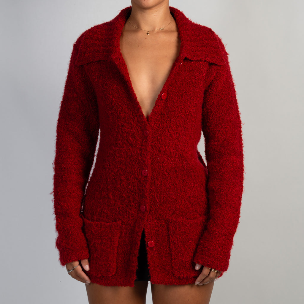 RED FUZZY KNIT CARDIGAN