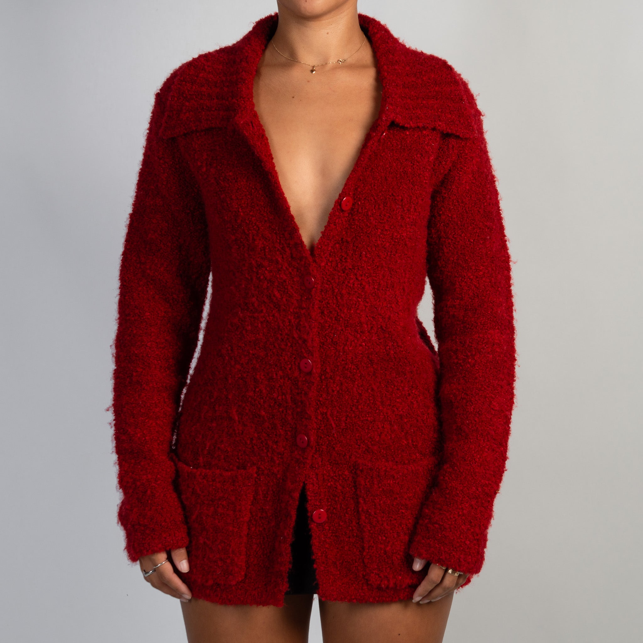 RED FUZZY KNIT CARDIGAN
