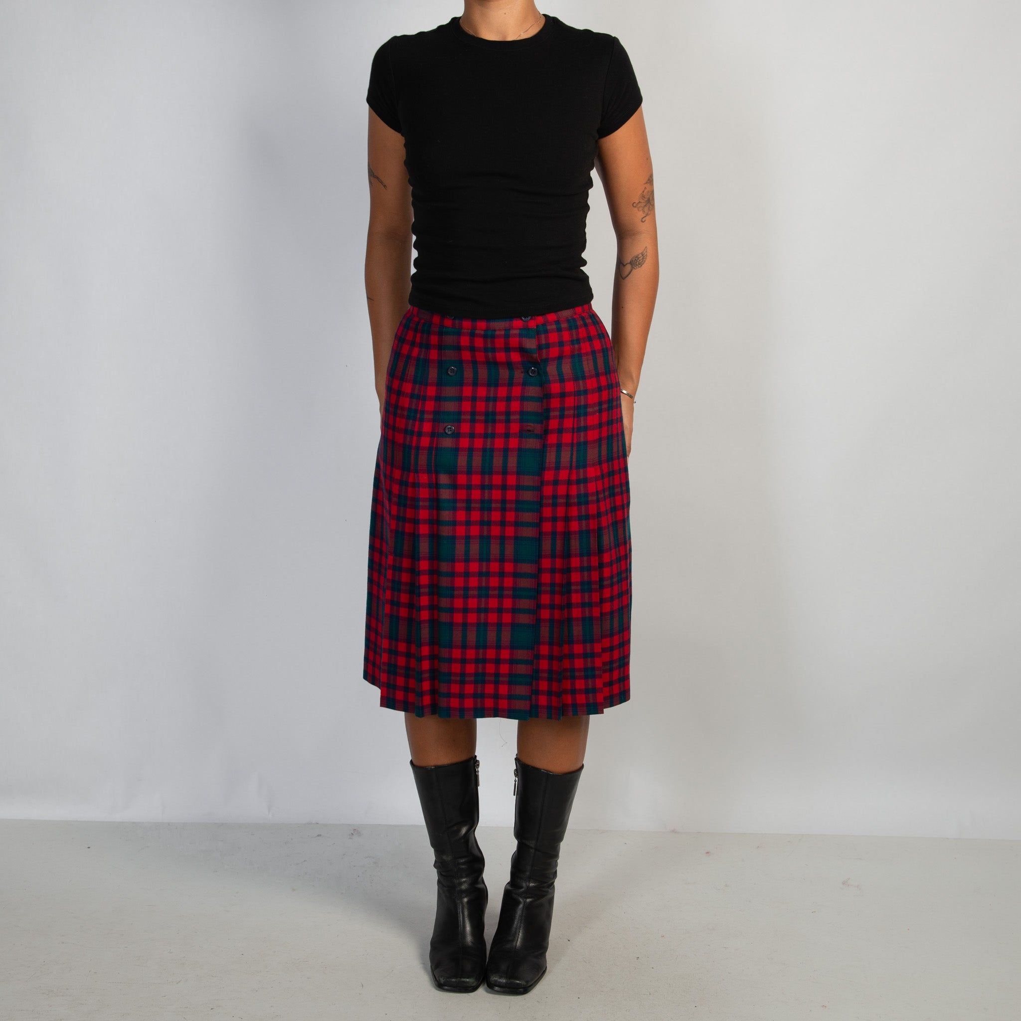 RED PLAID WOOL MIDI SKIRT