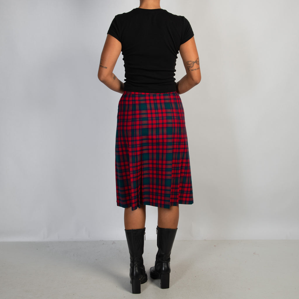 RED PLAID WOOL MIDI SKIRT