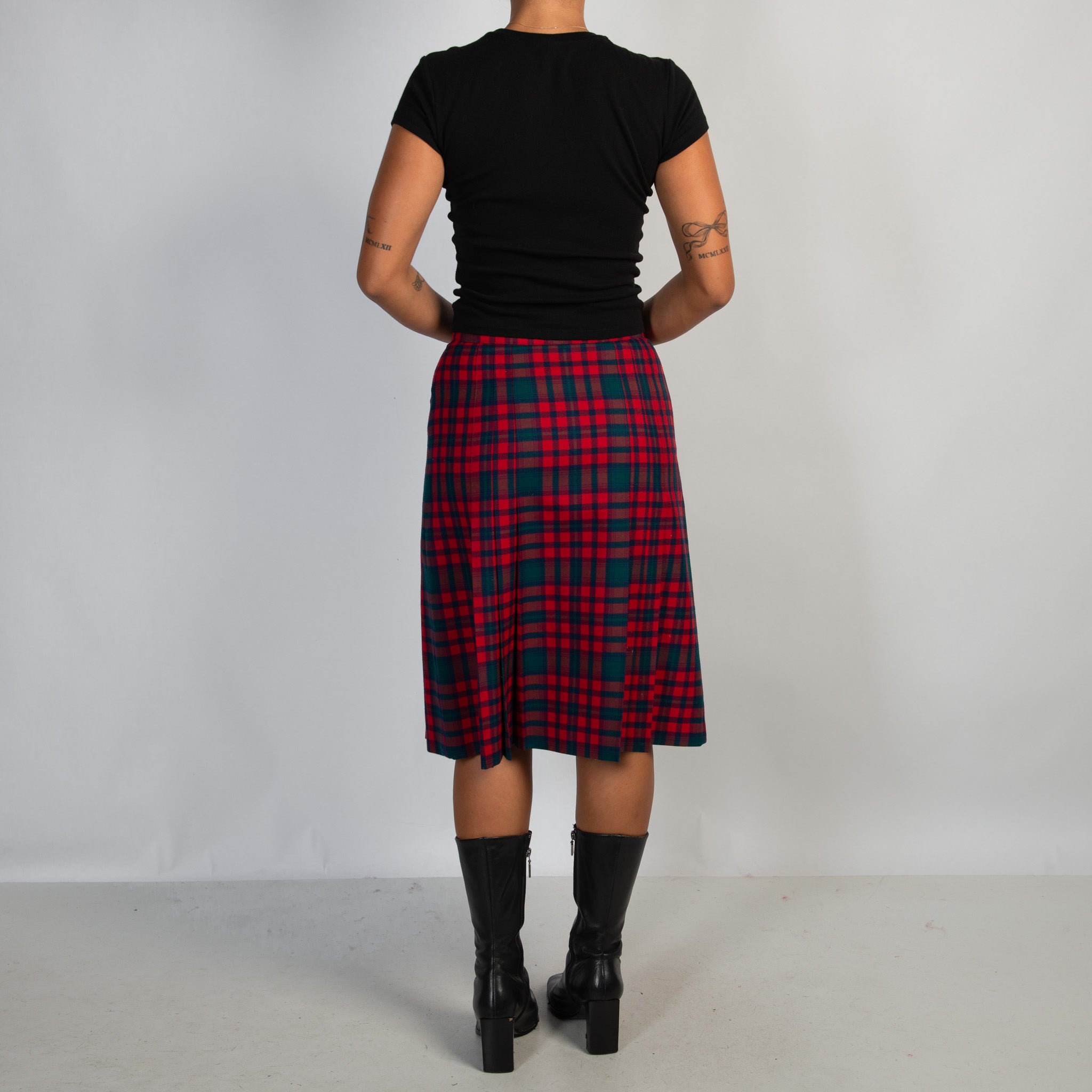 RED PLAID WOOL MIDI SKIRT