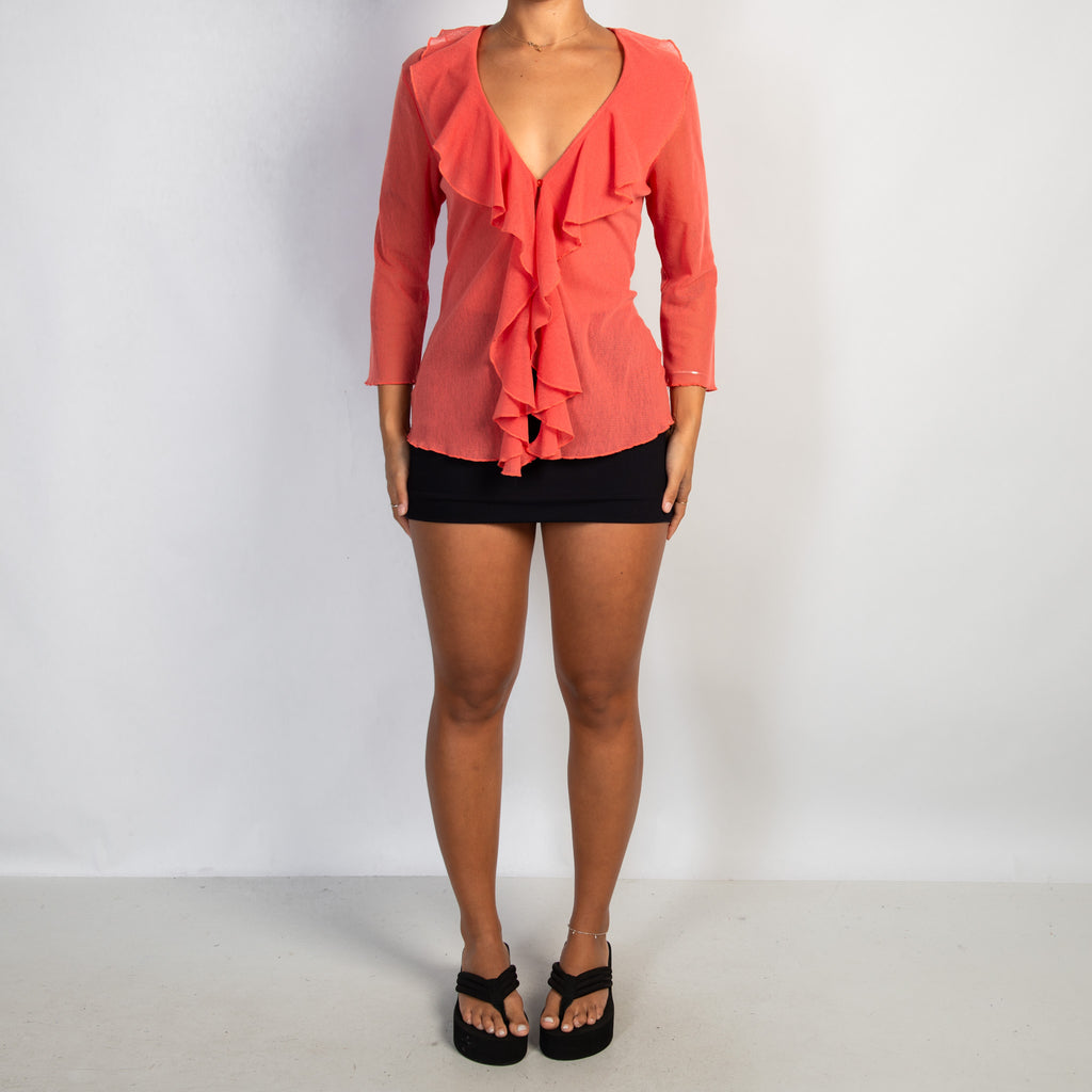 SALMON MESH RUFFLE TOP