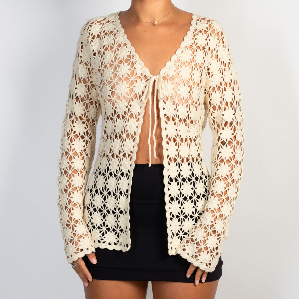CREAM CROCHET TIE FRONT TOP