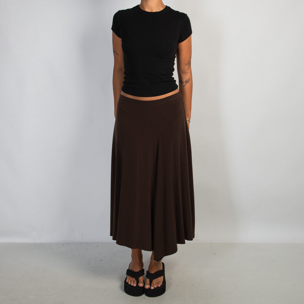 BROWN SLINKY MIDI SKIRT