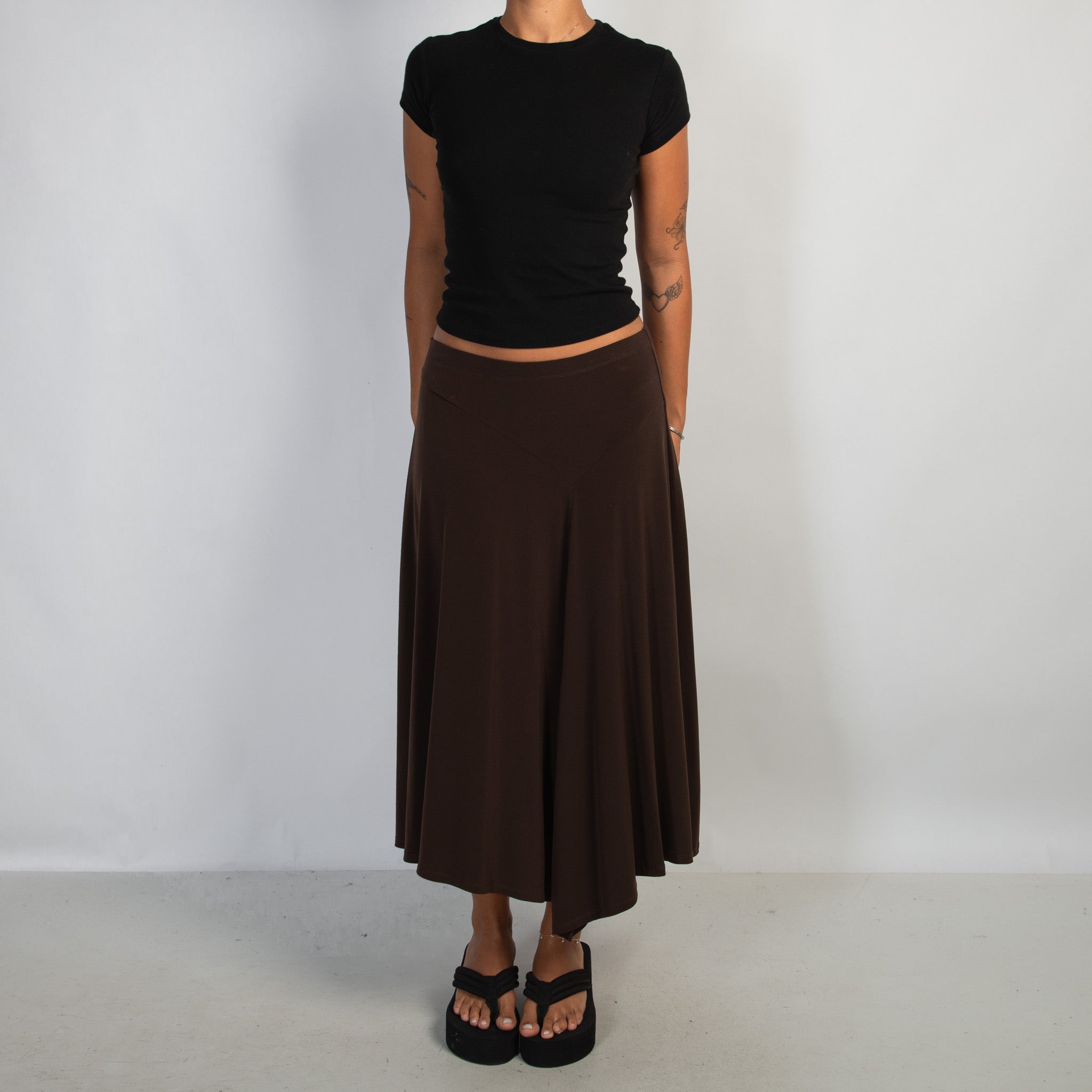 BROWN SLINKY MIDI SKIRT