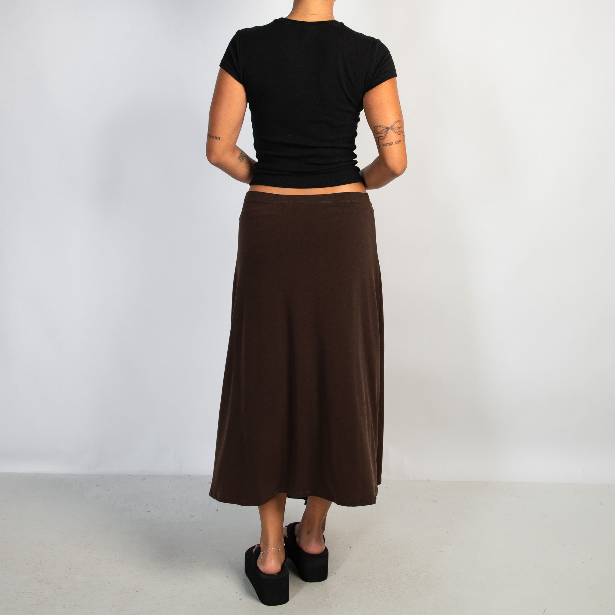 BROWN SLINKY MIDI SKIRT