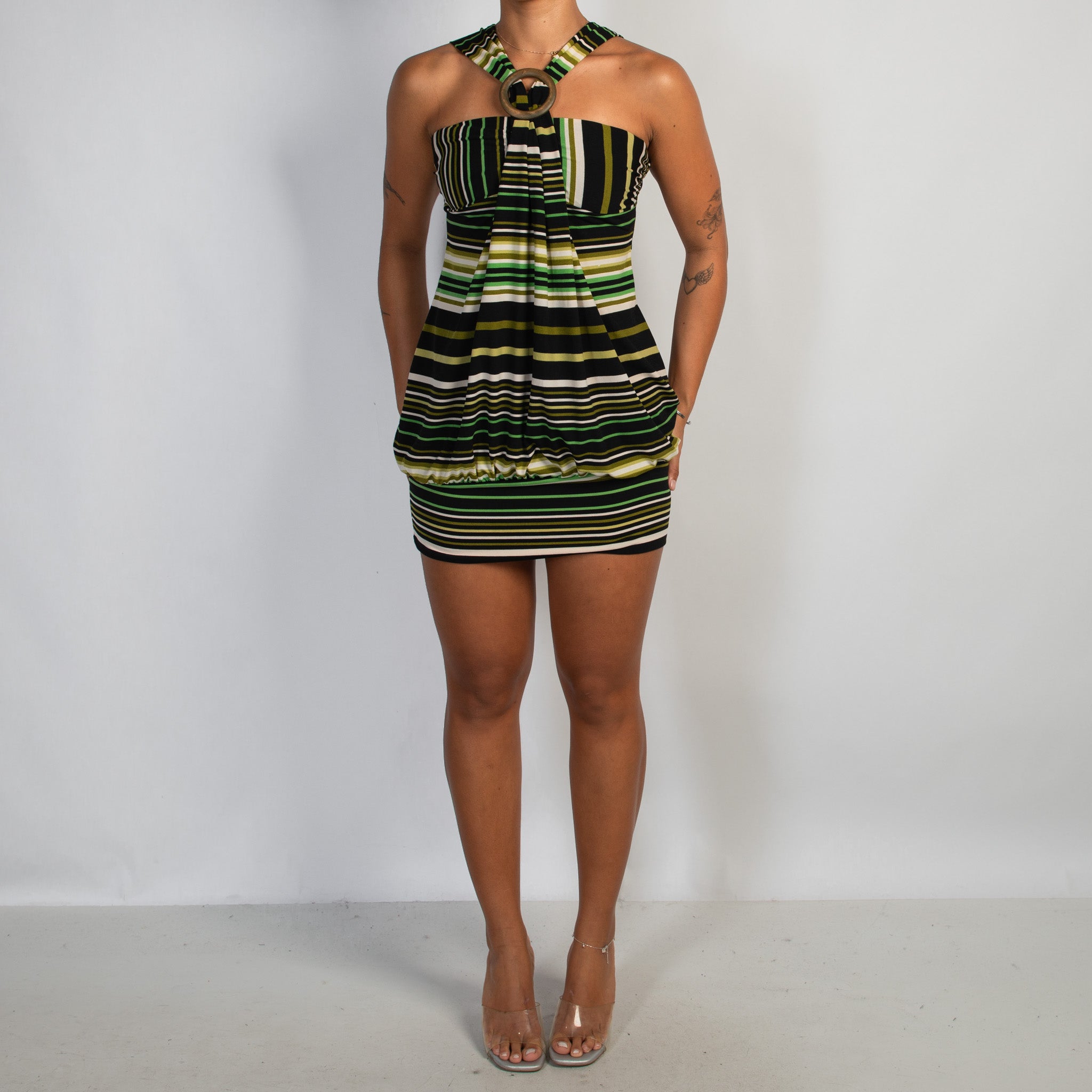 GREEN STRIPE MINI DRESS