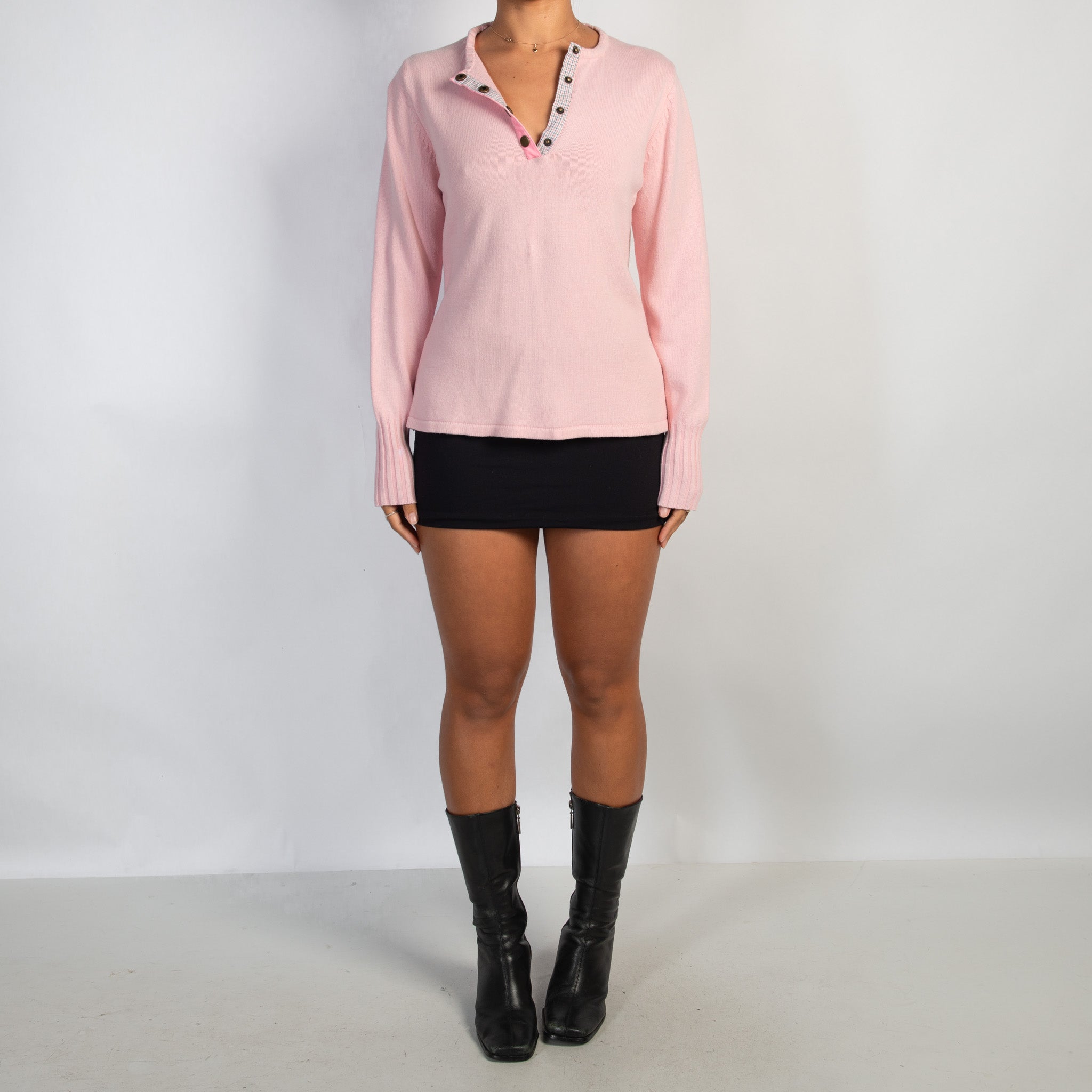 PINK KNIT HENLEY TOP
