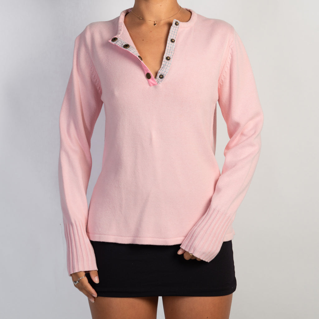 PINK KNIT HENLEY TOP