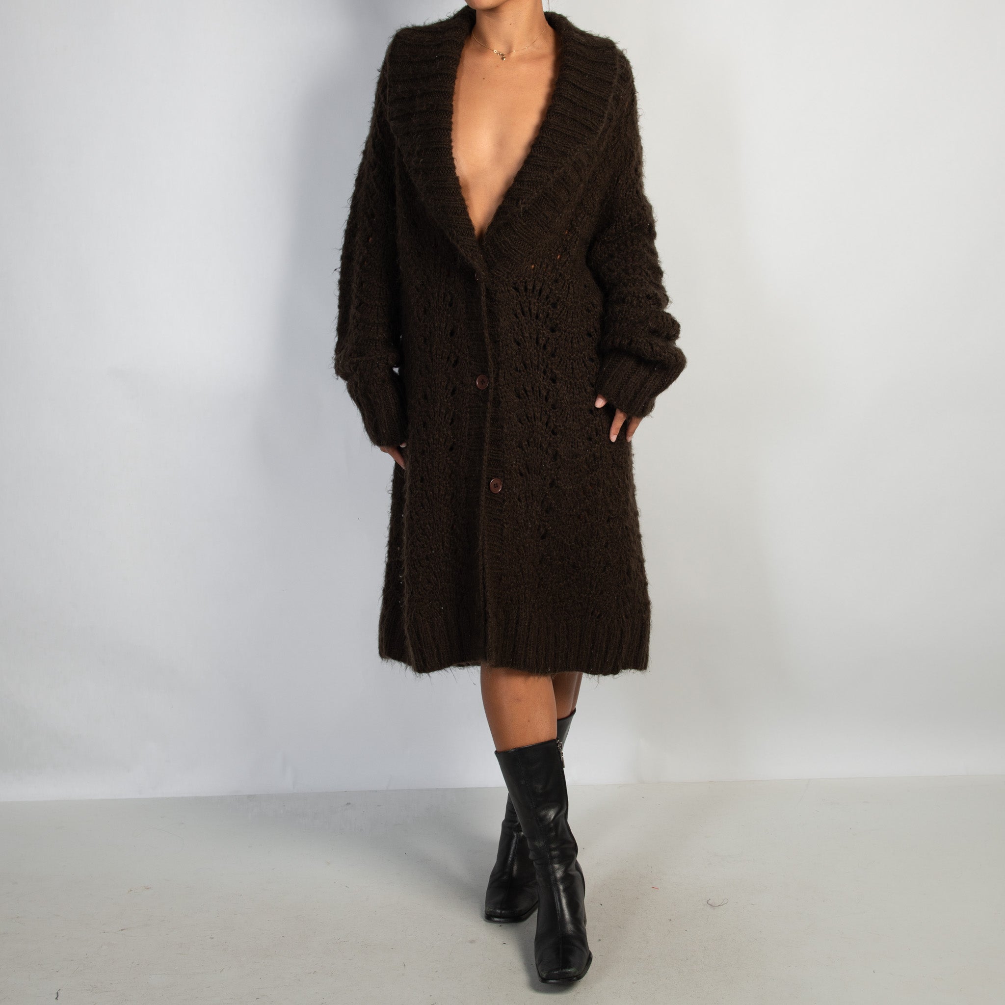 BROWN KNIT LONGLINE CARDIGAN