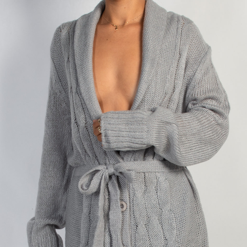 GREY LONGLINE KNIT CARDIGAN