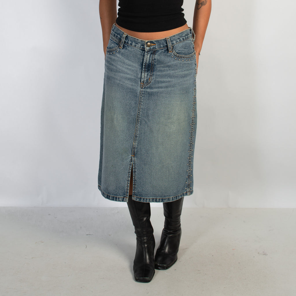 DENIM STUDDED MIDI SKIRT