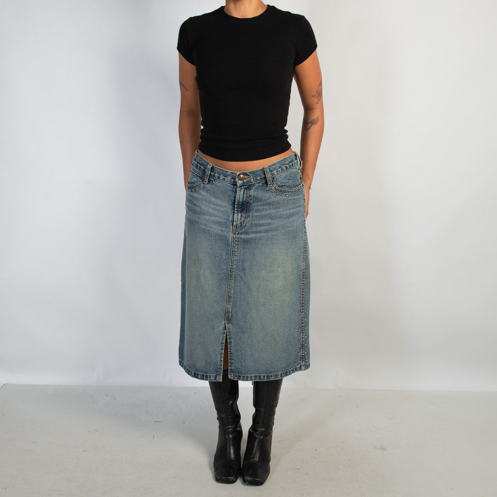 DENIM STUDDED MIDI SKIRT
