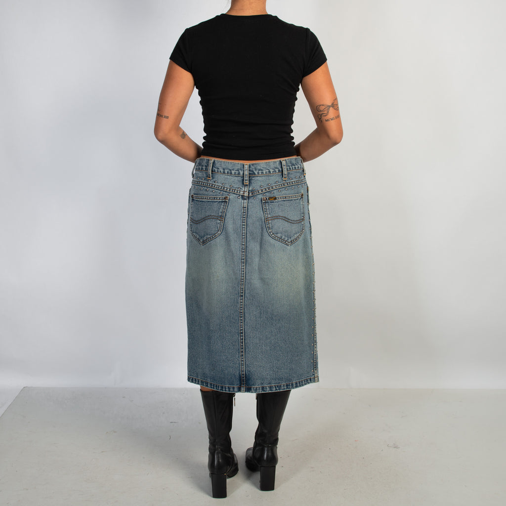 DENIM STUDDED MIDI SKIRT