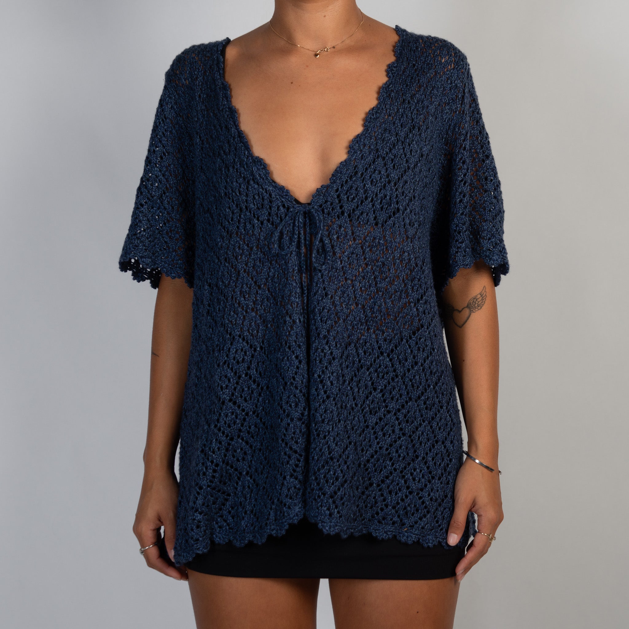NAVY CROCHET TIE TOP