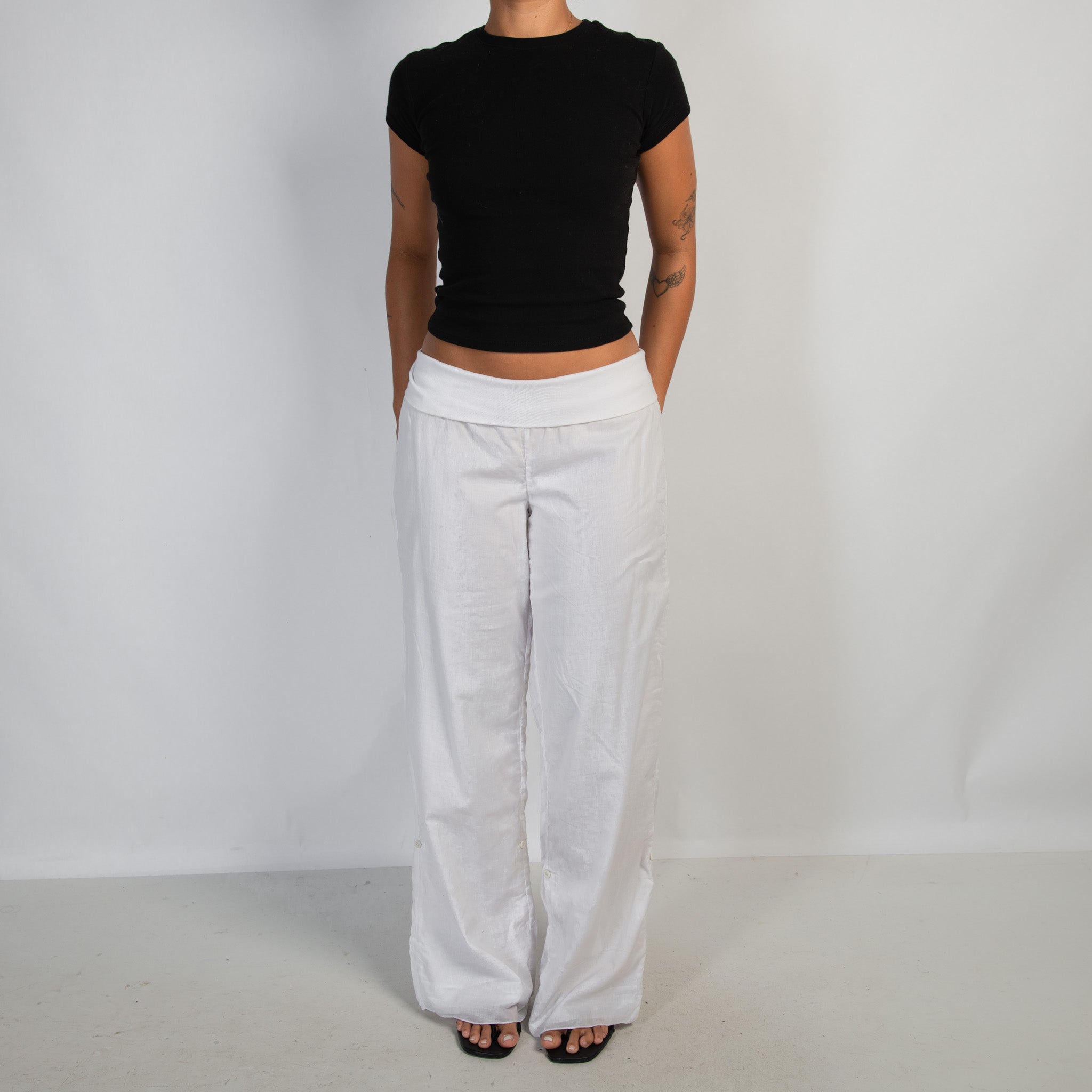 WHITE COTTON FOLD OVER PANTS