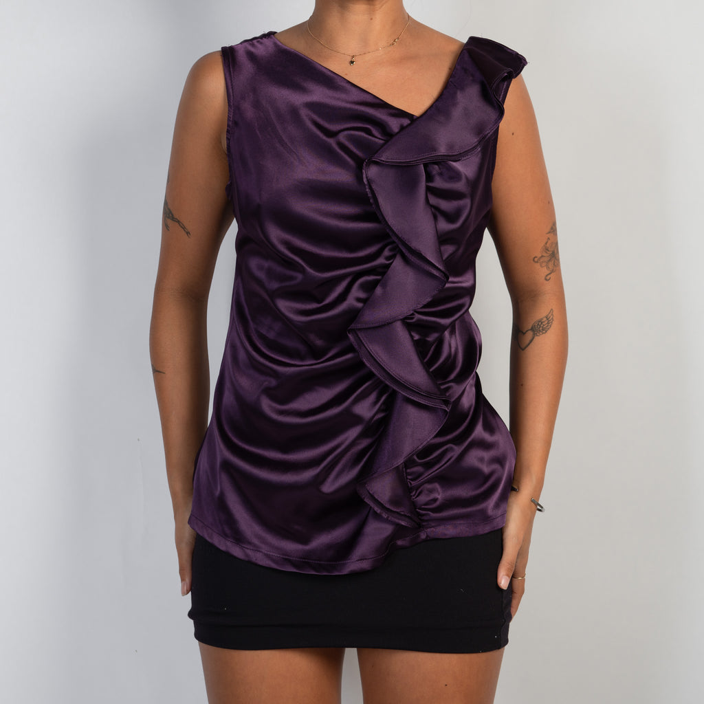 PURPLE SATIN RUFFLE TOP