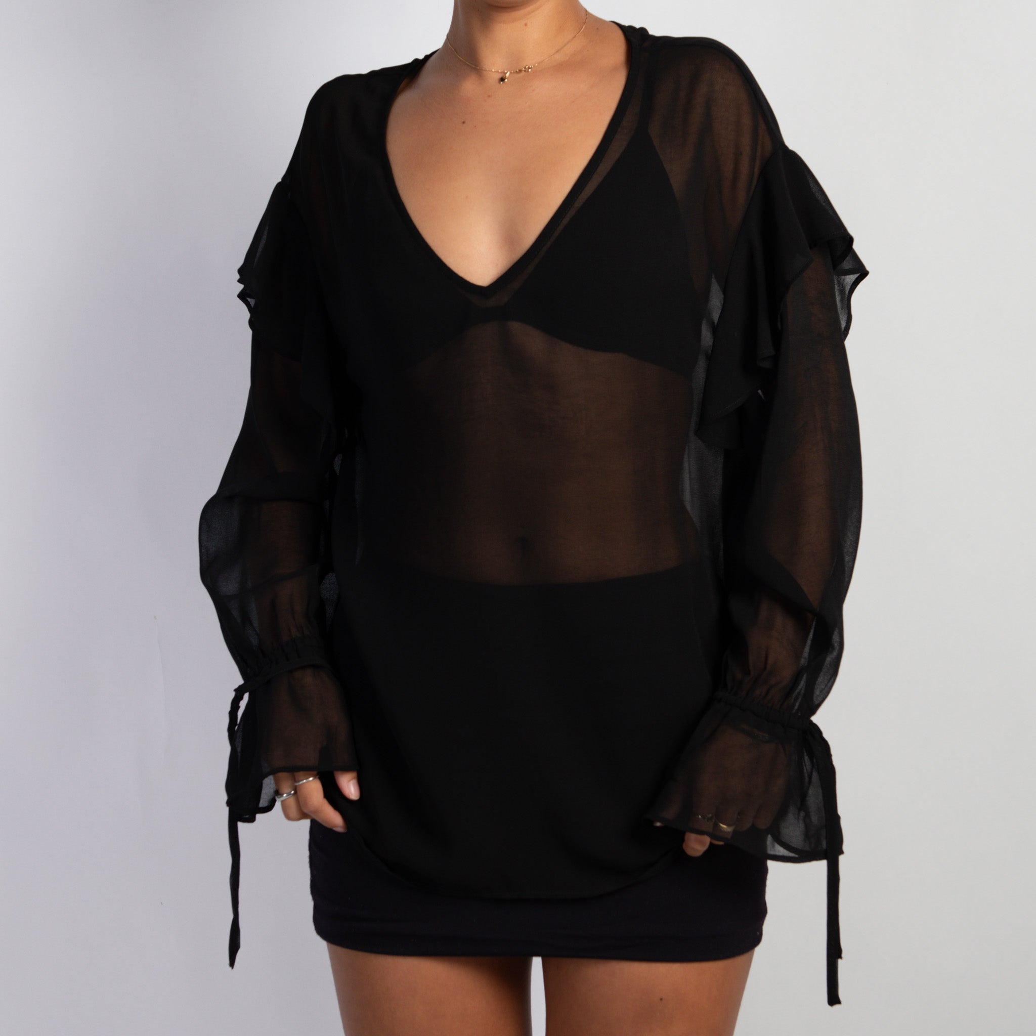 SHEER BLACK RUFFLE BLOUSE