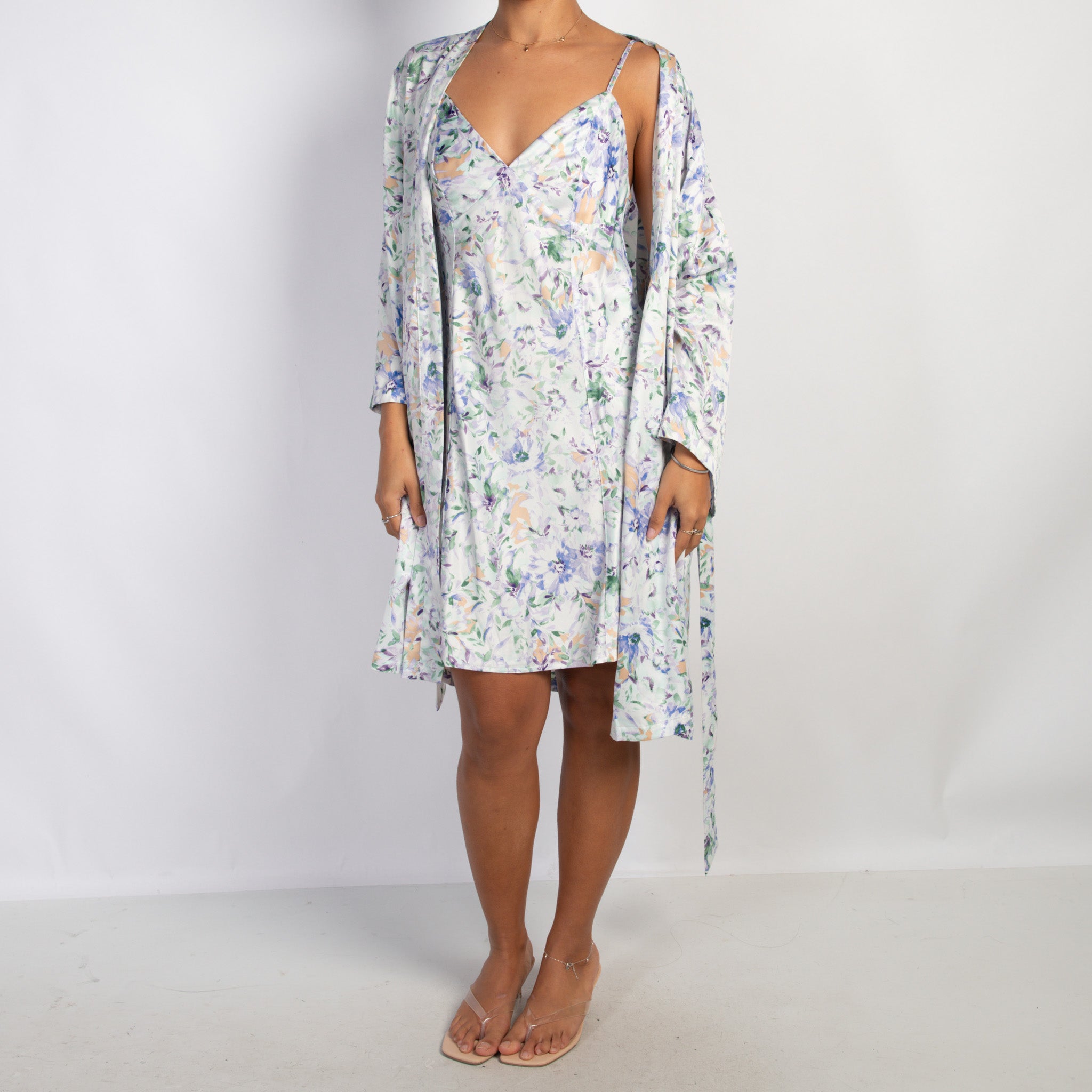 SATIN FLORAL DRESS + ROBE