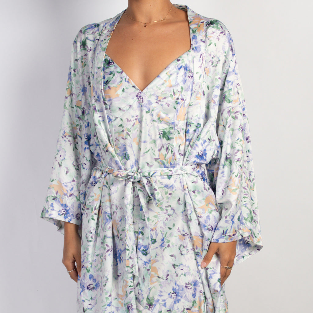 SATIN FLORAL DRESS + ROBE
