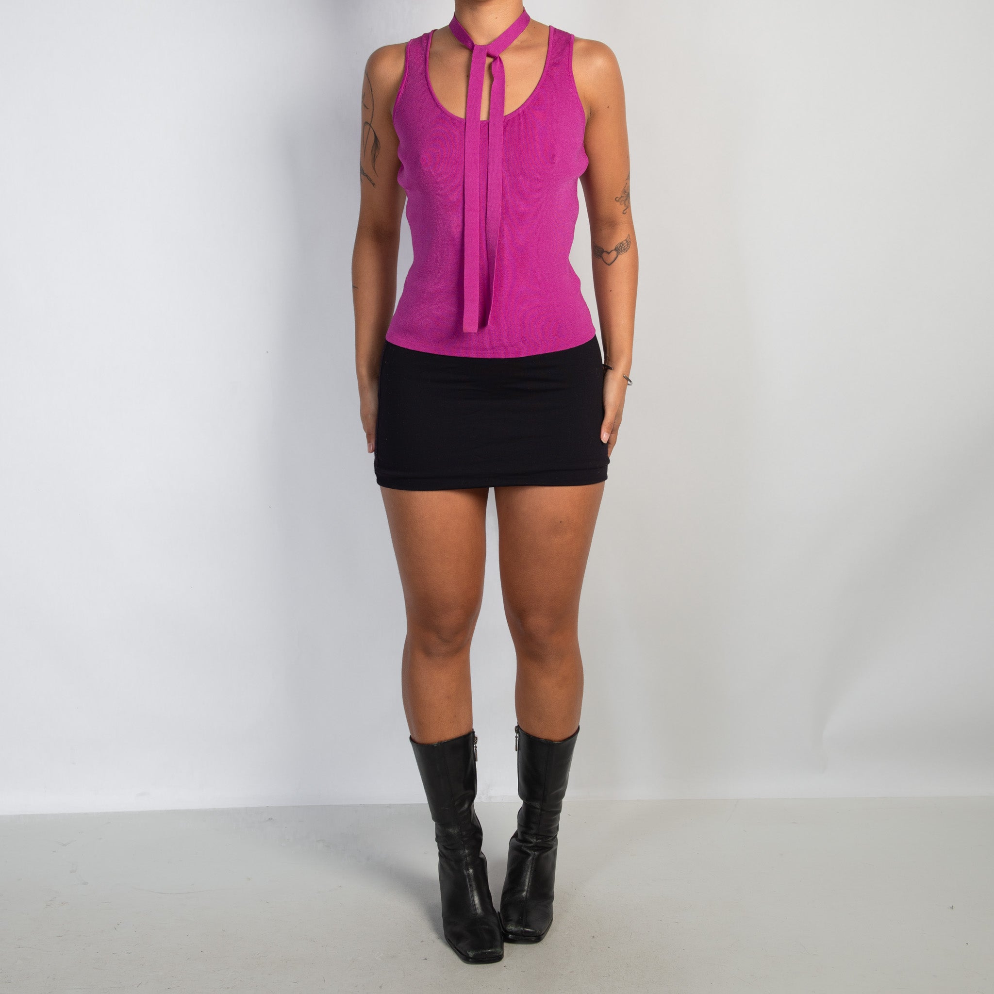 FUCSHIA KNIT TIE NECK TOP