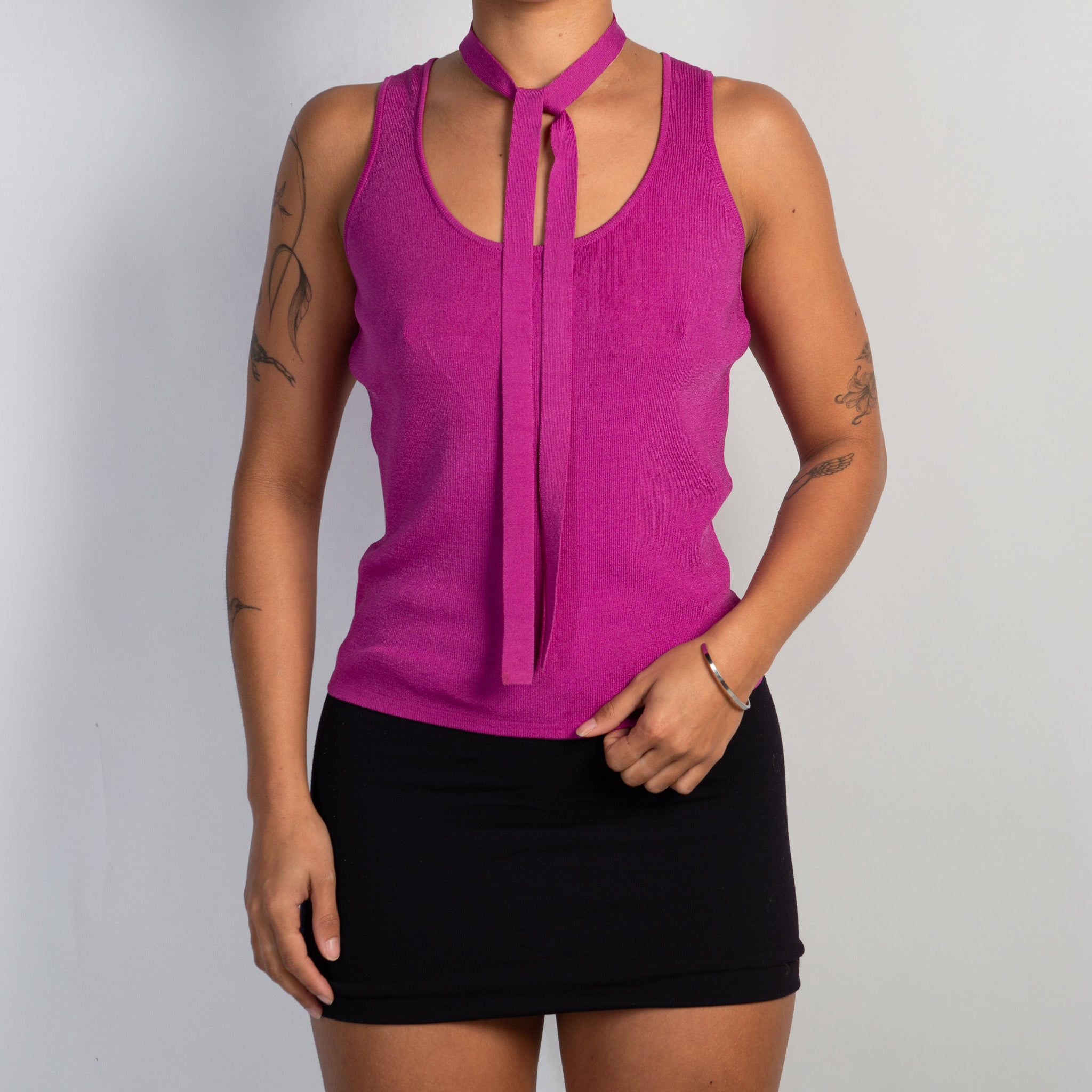 FUCSHIA KNIT TIE NECK TOP