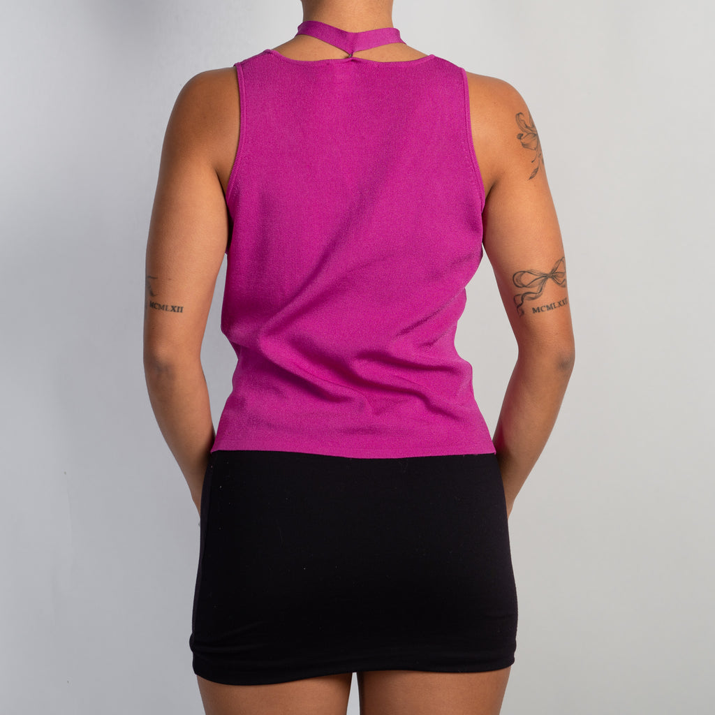 FUCSHIA KNIT TIE NECK TOP
