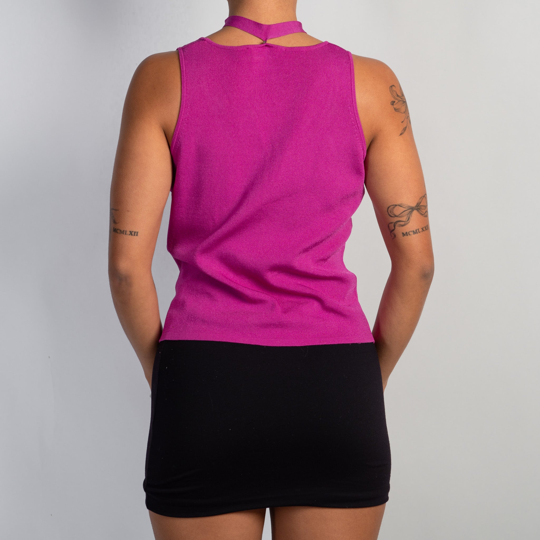 FUCSHIA KNIT TIE NECK TOP