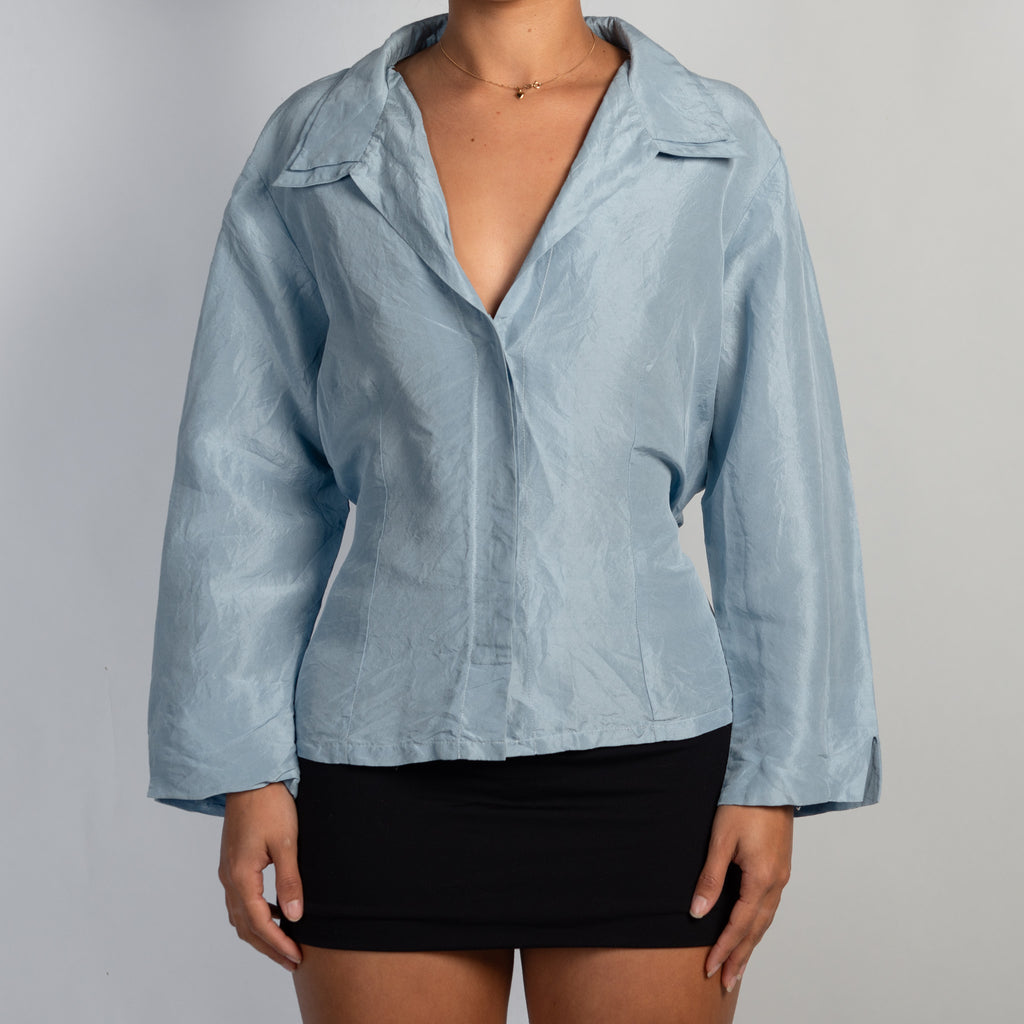 BLUE SILK TIE BLOUSE