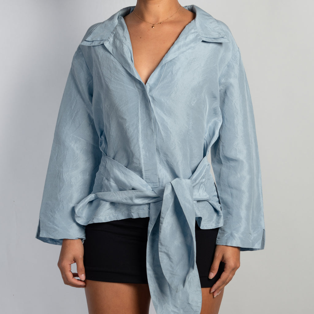 BLUE SILK TIE BLOUSE