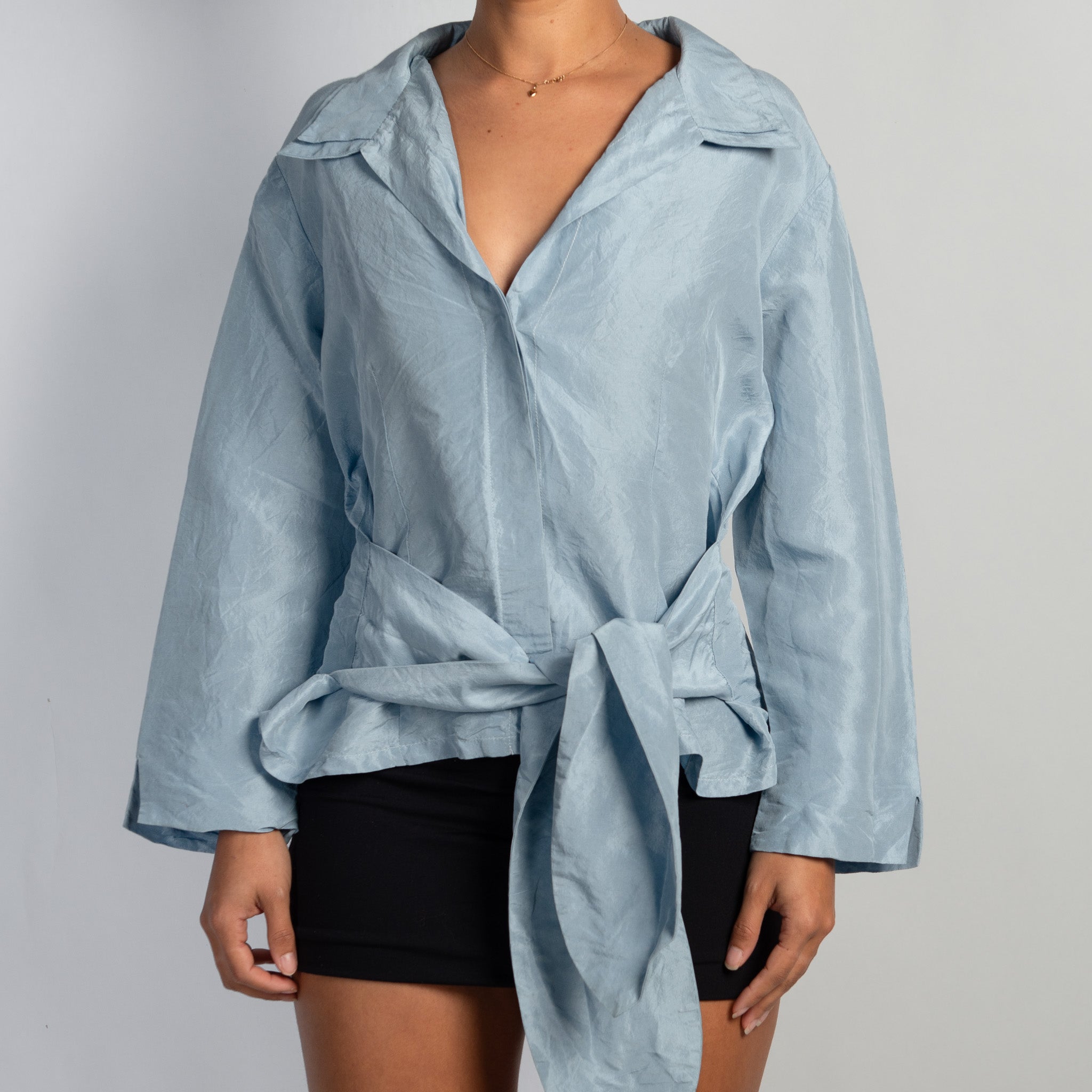 BLUE SILK TIE BLOUSE