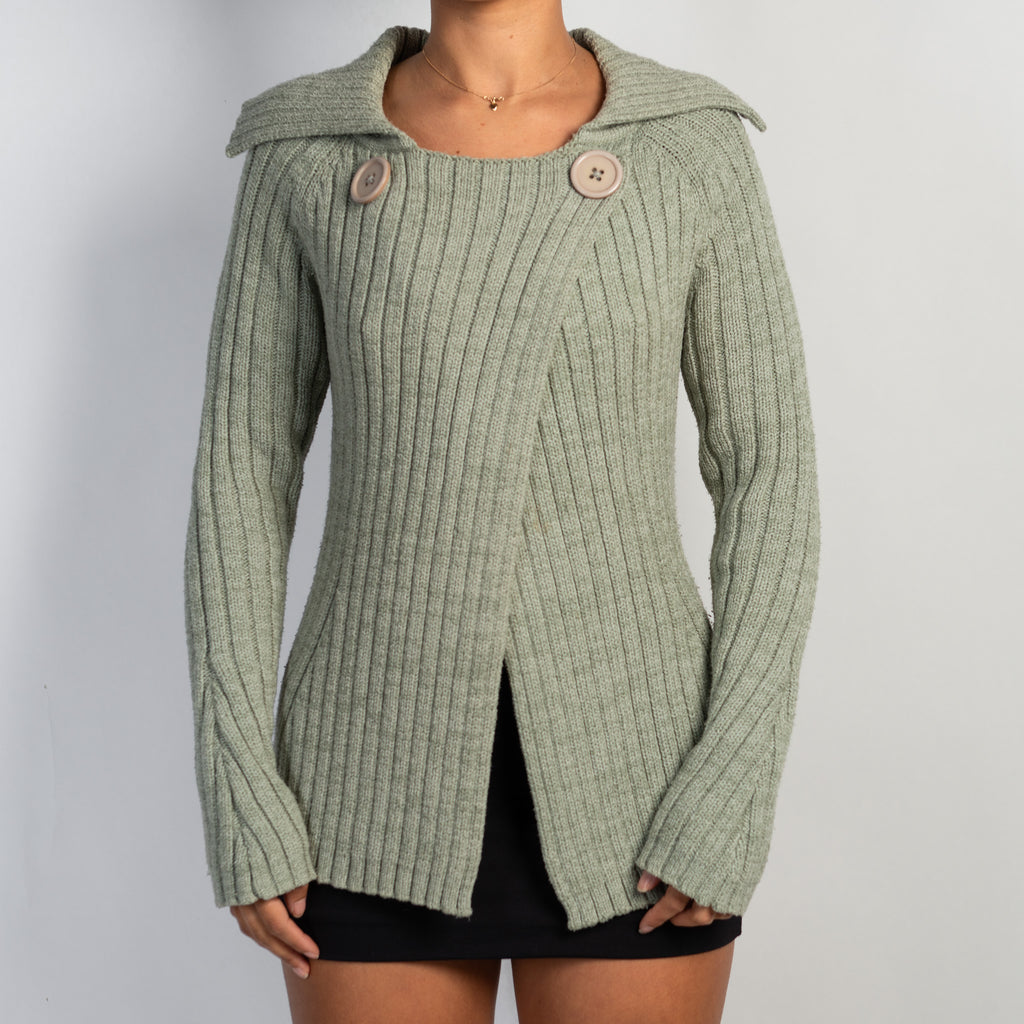 GREEN RIB KNIT CARDIGAN