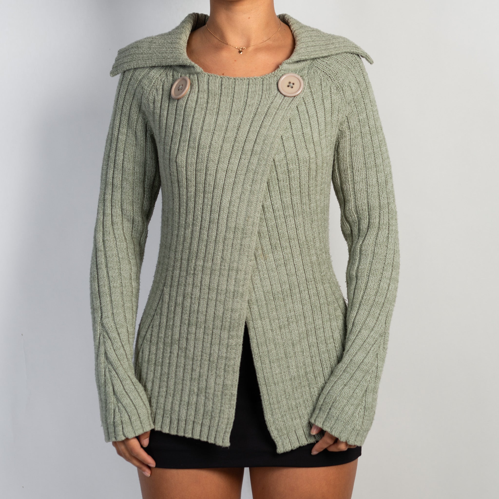 GREEN RIB KNIT CARDIGAN