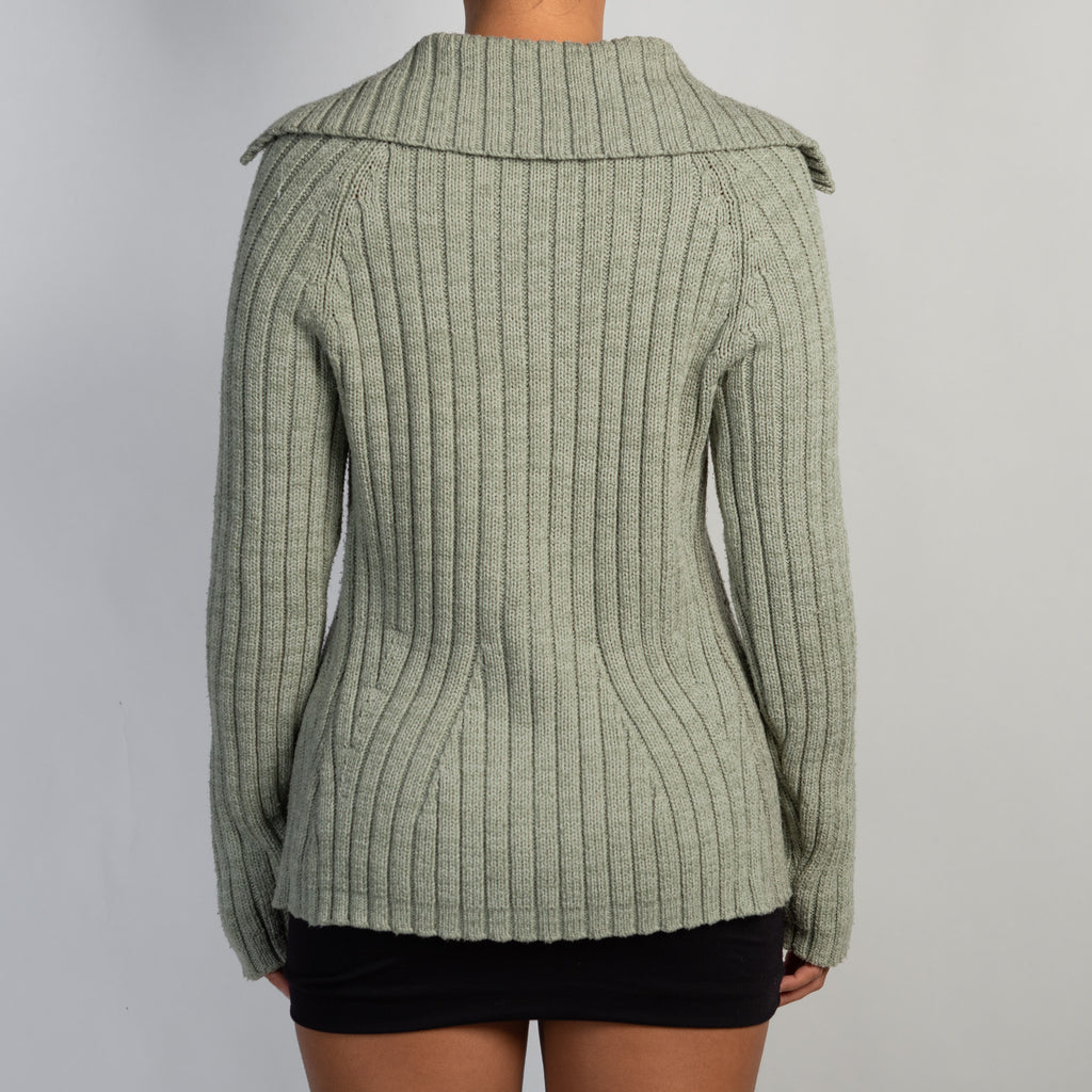 GREEN RIB KNIT CARDIGAN