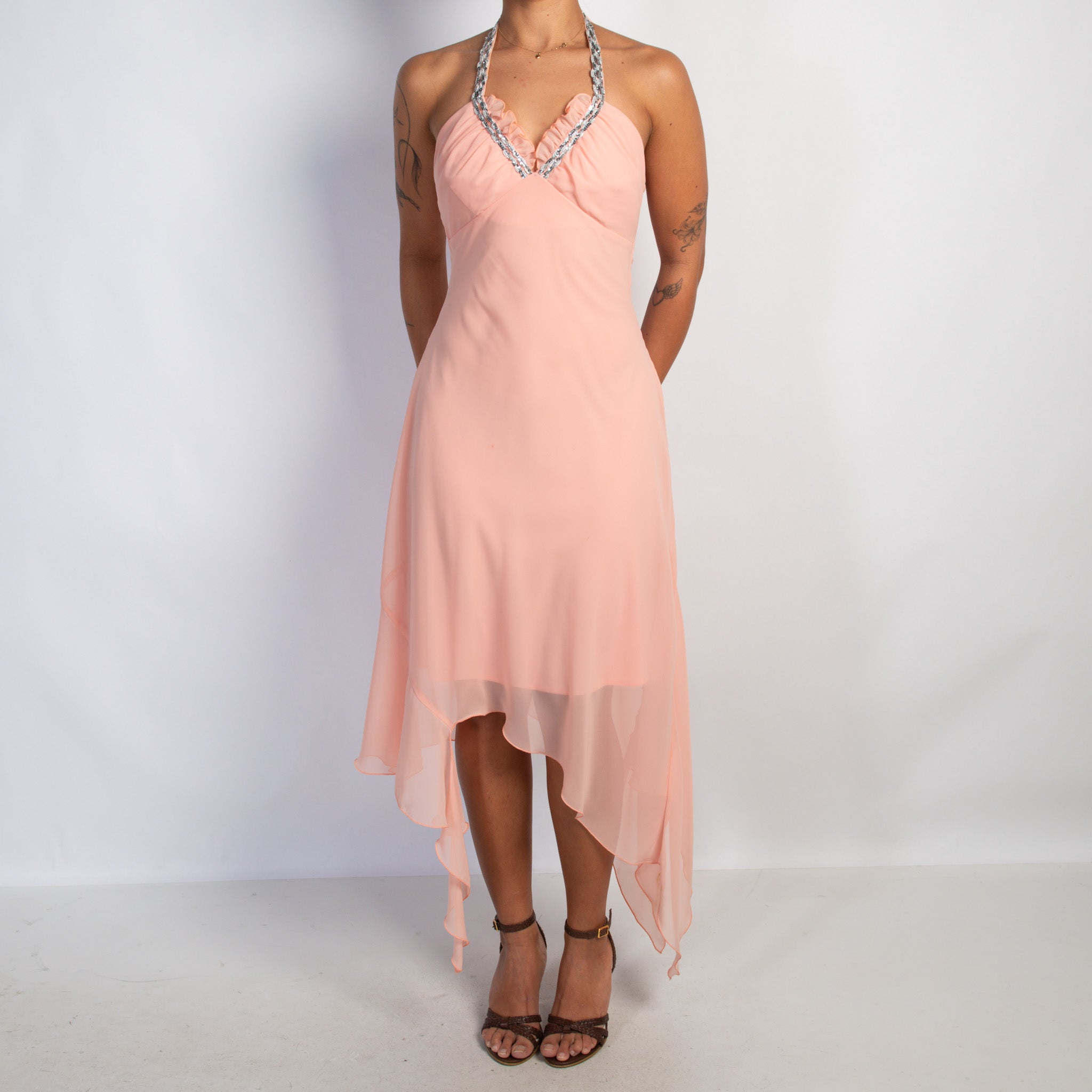 PEACH HALTER MIDI DRESS