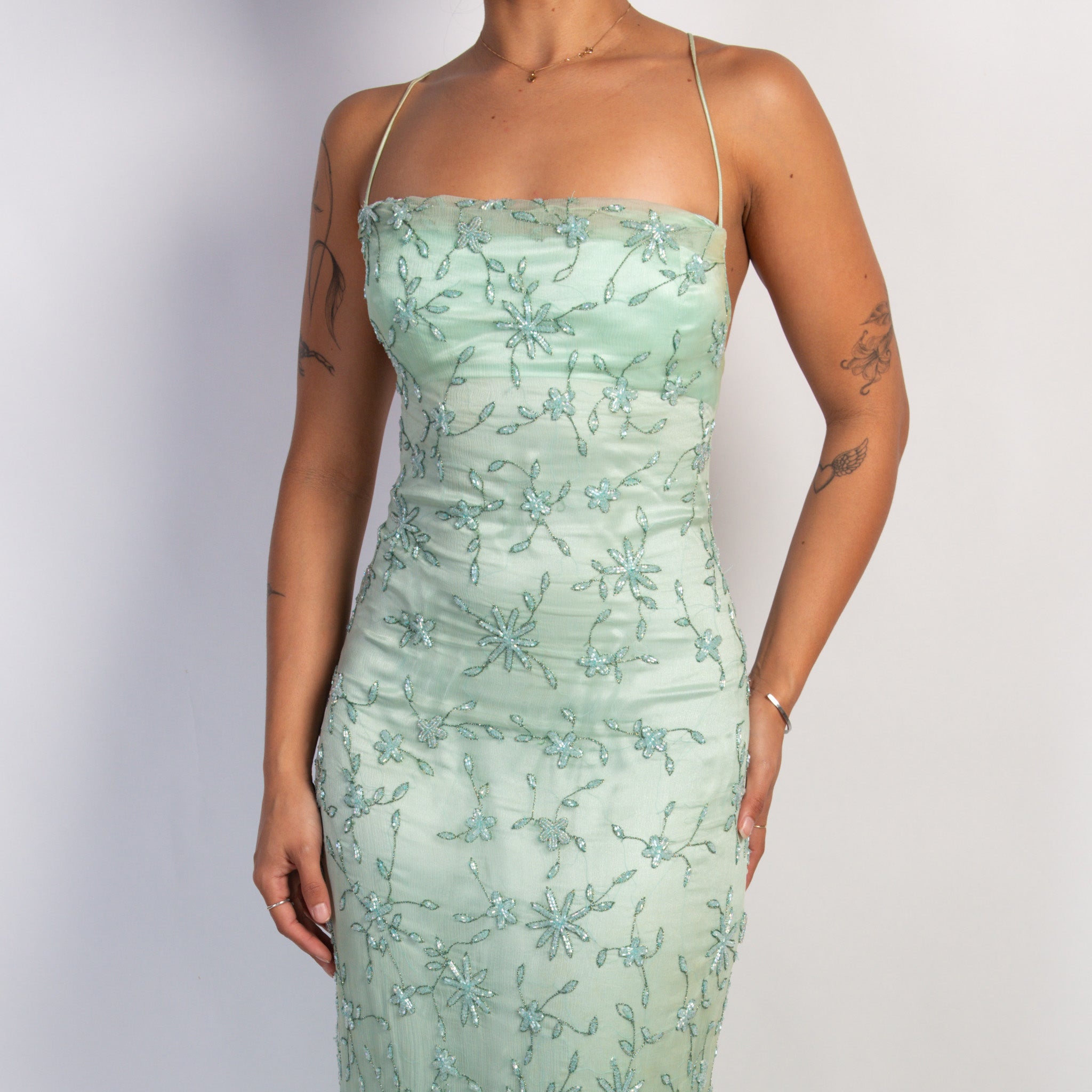 MINT FLORAL BEADED GOWN