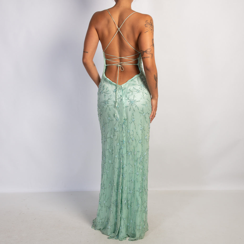 MINT FLORAL BEADED GOWN