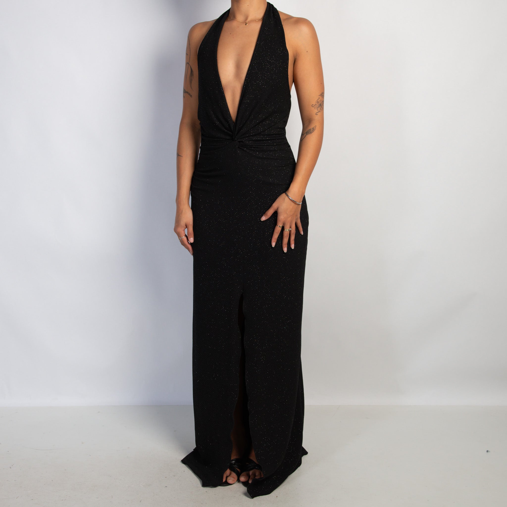 BLACK SPARKLE HALTER GOWN