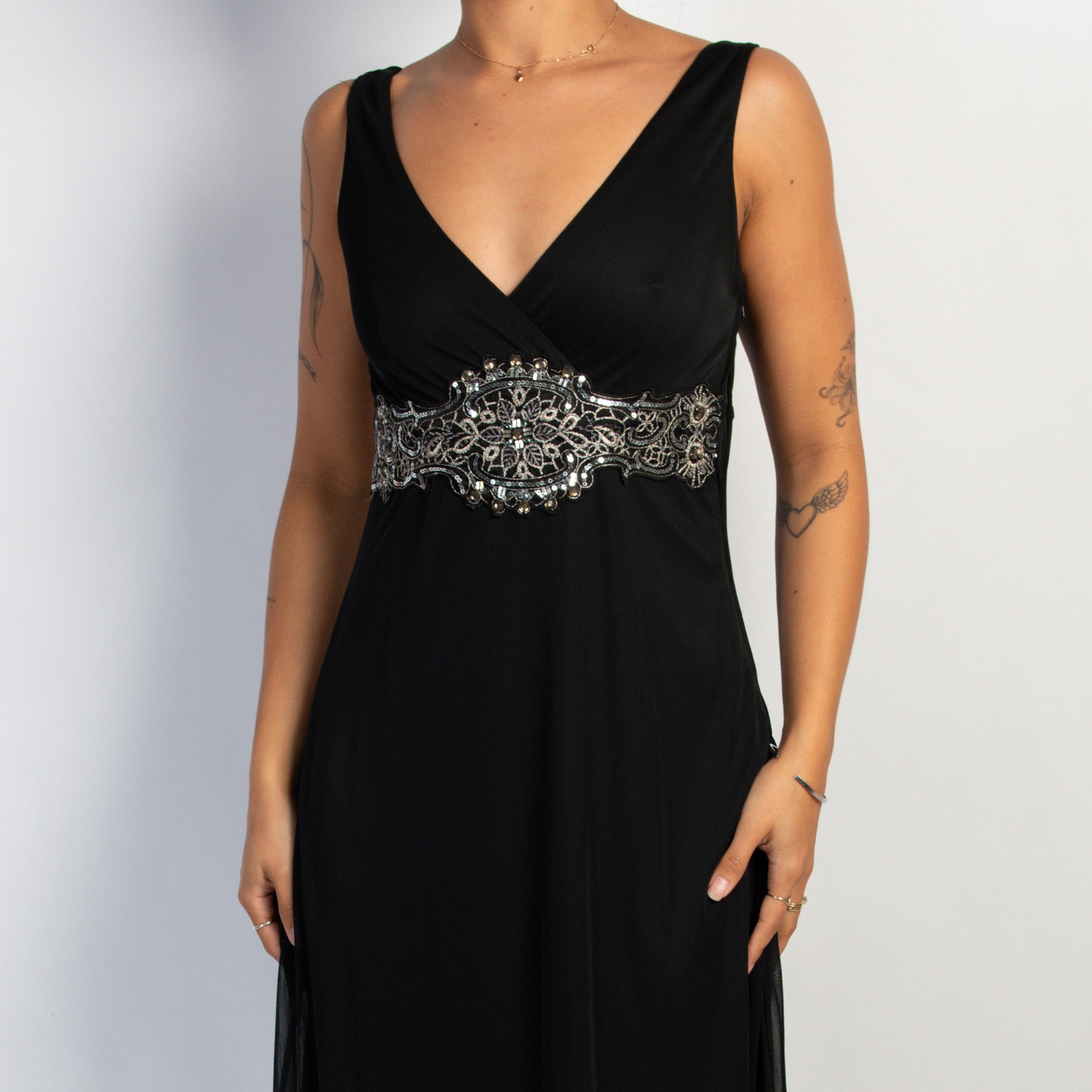 BLACK SEQUIN WAIST MIDI DRESS