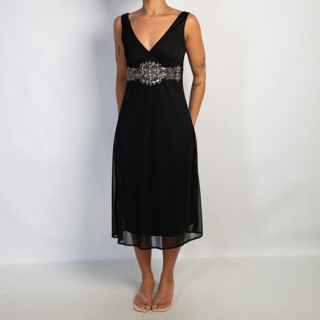 BLACK SEQUIN WAIST MIDI DRESS
