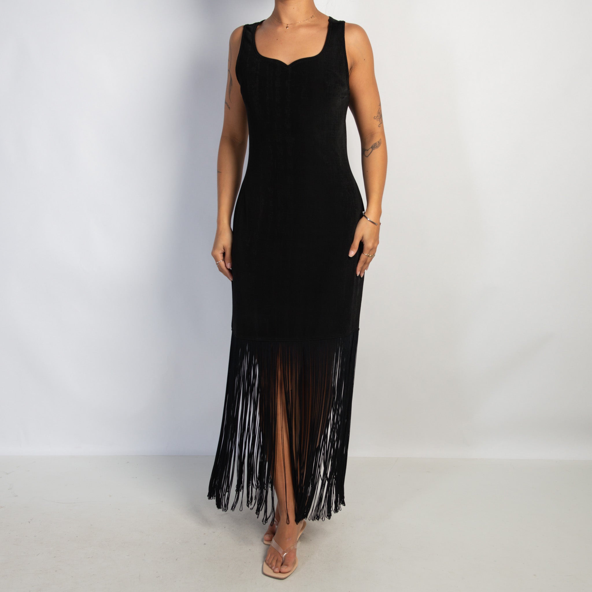 BLACK FRINGE MIDI DRESS