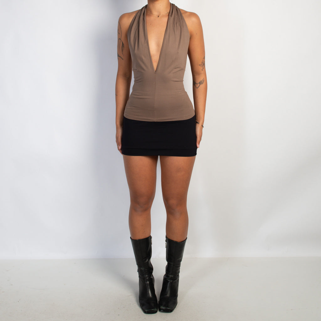 TAUPE HALTER PLUNGE TOP