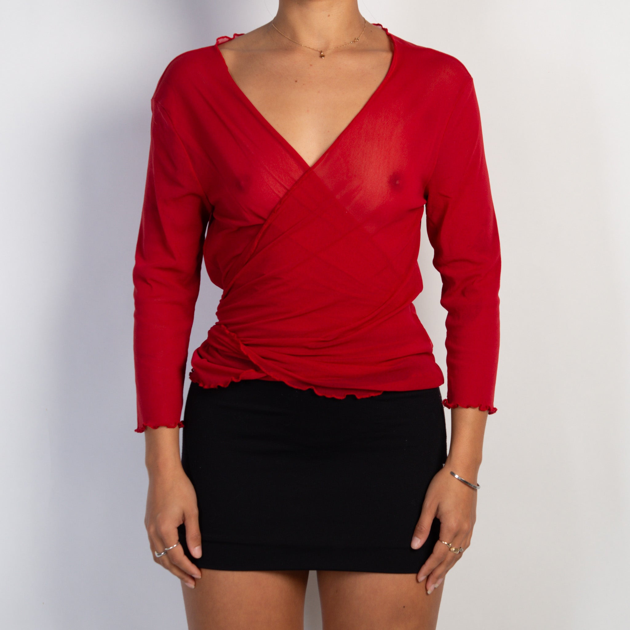 RED MESH WRAP TOP