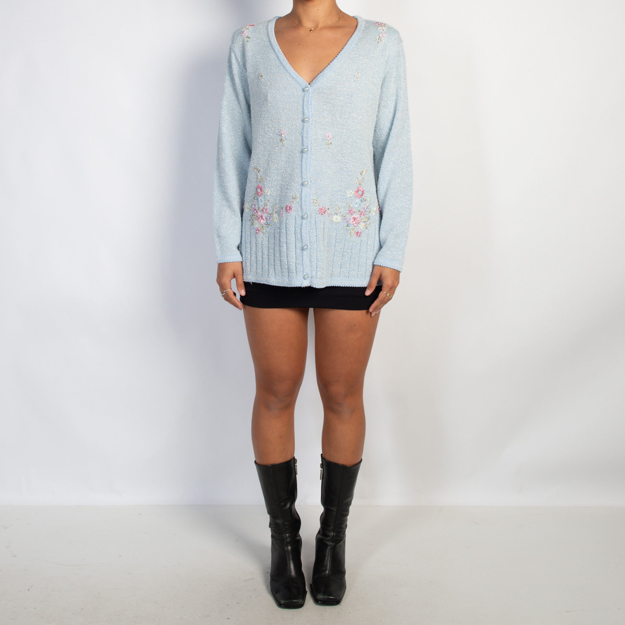 BLUE KNIT FLORAL CARDIGAN
