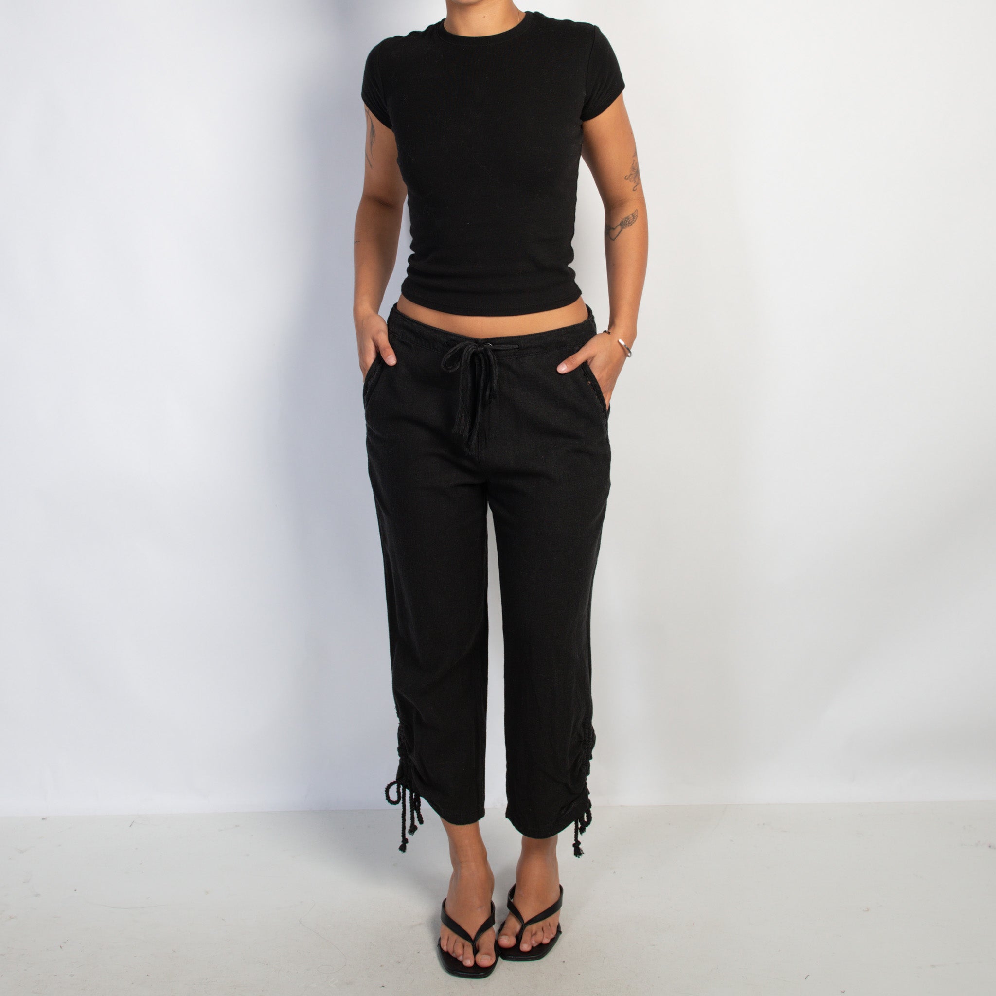 BLACK LINEN DRAWSTRING PANTS