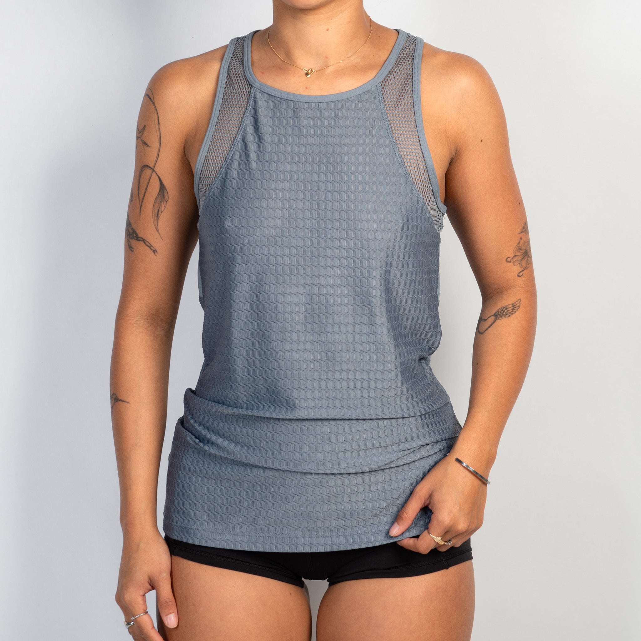 GREY BLUE NET TANK TOP