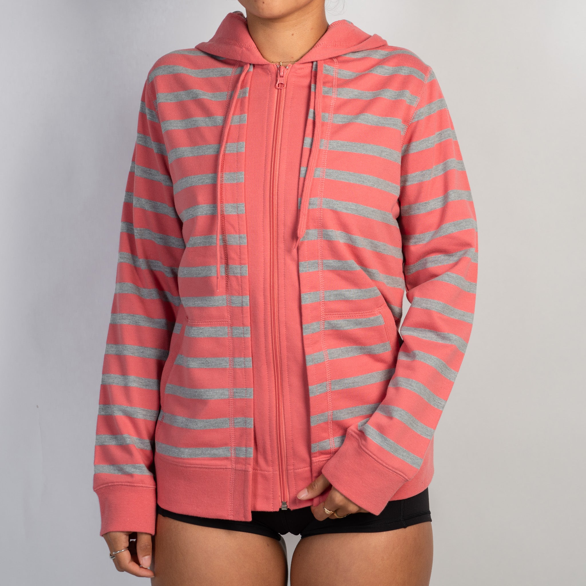 CORAL STRIPE ZIP HOODIE