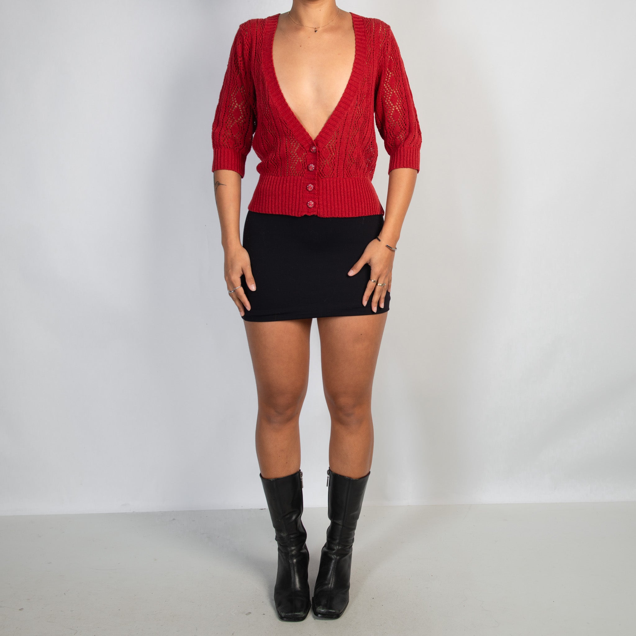 RED CROCHET KNIT CARDIGAN