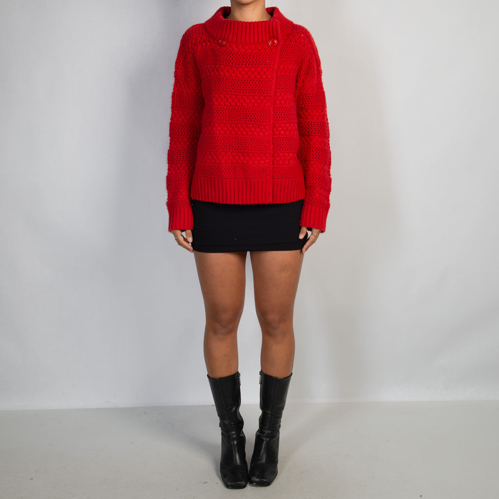 RED CABLE KNIT CARDIGAN